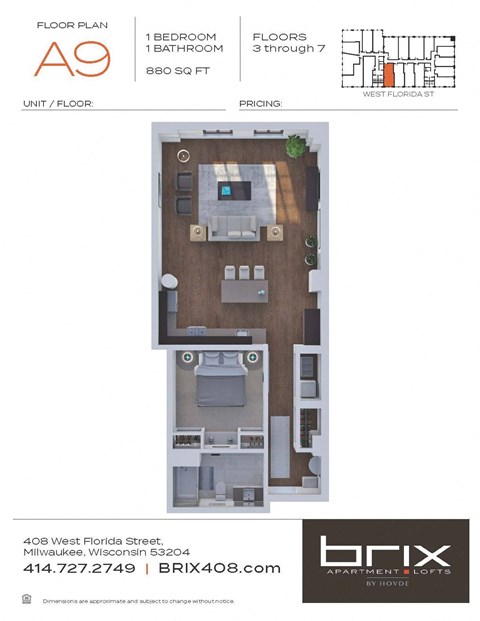 Floor plan for 1 bed, 1 bath, 880 sqft